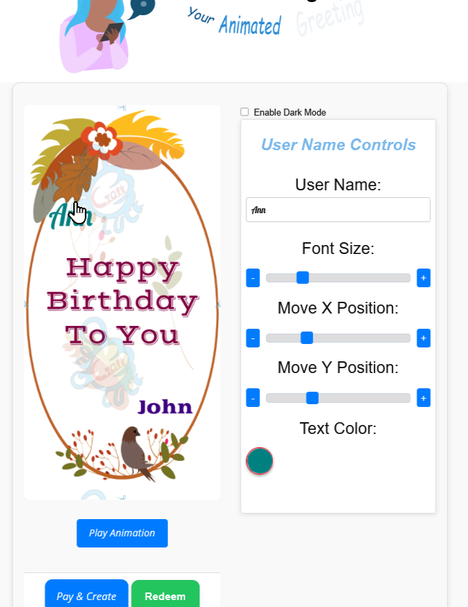 Personalising a digital greeting card using the interactive editor