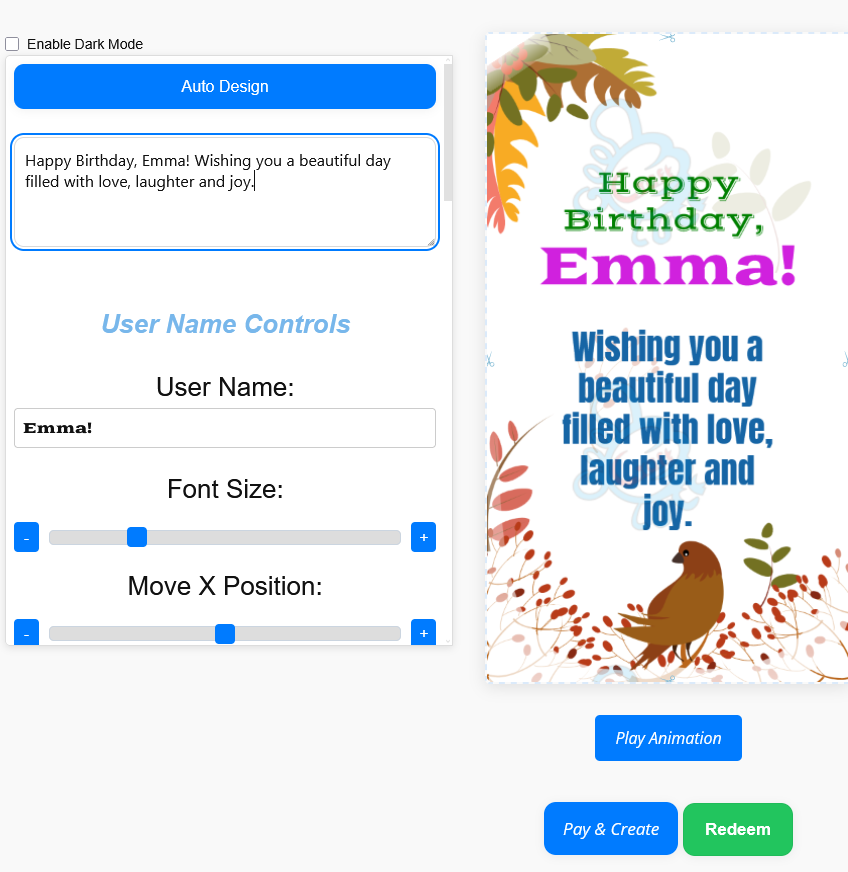 Happy Birthday GIF with name being personalised in the GoodluckCraft builder