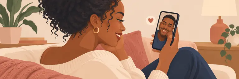 Touching love messages for her in a long-distance relationship, illustrated by a woman video-calling her partner.