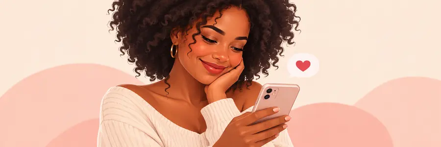 Touching love messages for her: illustration of a smiling woman reading a romantic message on her phone.